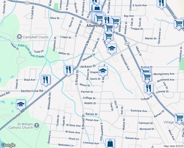 map of restaurants, bars, coffee shops, grocery stores, and more near 310 Davis Street in Albertville