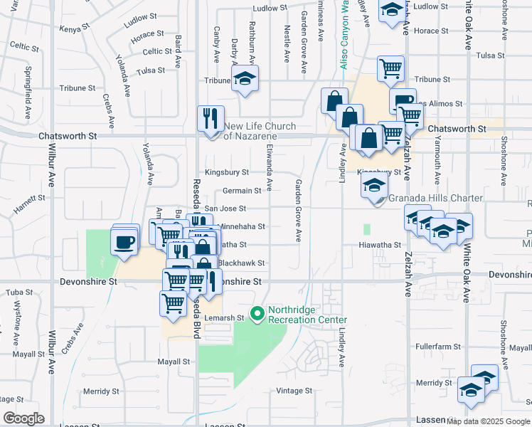 map of restaurants, bars, coffee shops, grocery stores, and more near 10455 Etiwanda Avenue in Los Angeles