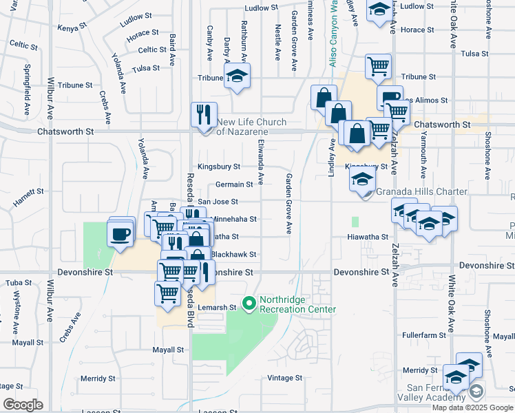map of restaurants, bars, coffee shops, grocery stores, and more near 10455 Etiwanda Avenue in Los Angeles