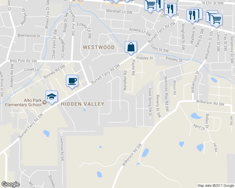 map of restaurants, bars, coffee shops, grocery stores, and more near 14 East Creekview Drive Southwest in Rome