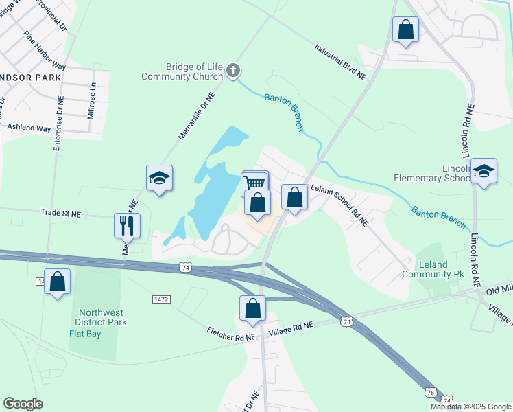 map of restaurants, bars, coffee shops, grocery stores, and more near 1735 Reed Road Northeast in Leland