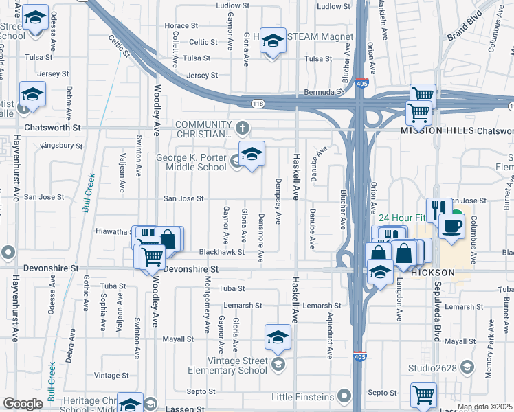 map of restaurants, bars, coffee shops, grocery stores, and more near 10449 Densmore Avenue in Los Angeles