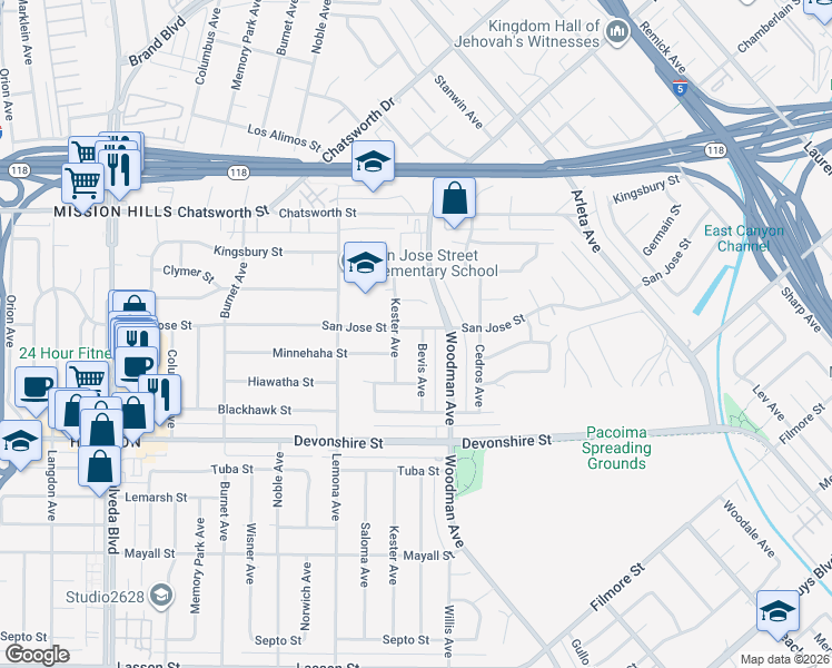 map of restaurants, bars, coffee shops, grocery stores, and more near 10455 Bevis Avenue in Los Angeles