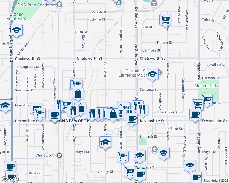 map of restaurants, bars, coffee shops, grocery stores, and more near 21022 San Jose Street in Los Angeles