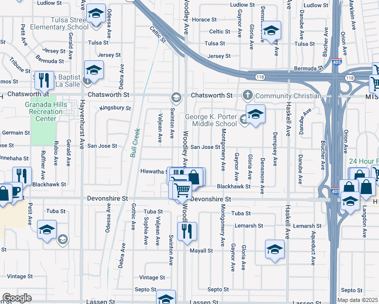 map of restaurants, bars, coffee shops, grocery stores, and more near 10446 Woodley Avenue in Los Angeles