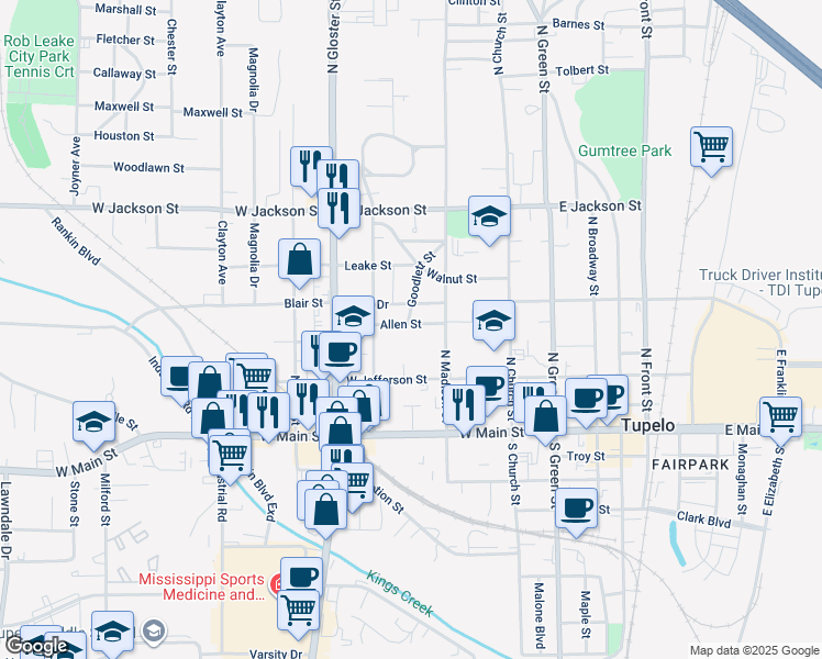 map of restaurants, bars, coffee shops, grocery stores, and more near 633 Allen Street in Tupelo