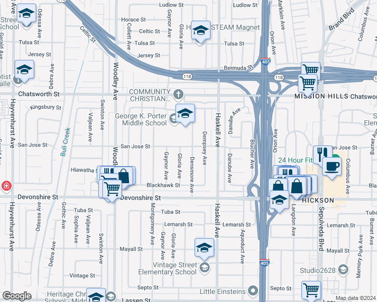 map of restaurants, bars, coffee shops, grocery stores, and more near 10449 Densmore Avenue in Los Angeles