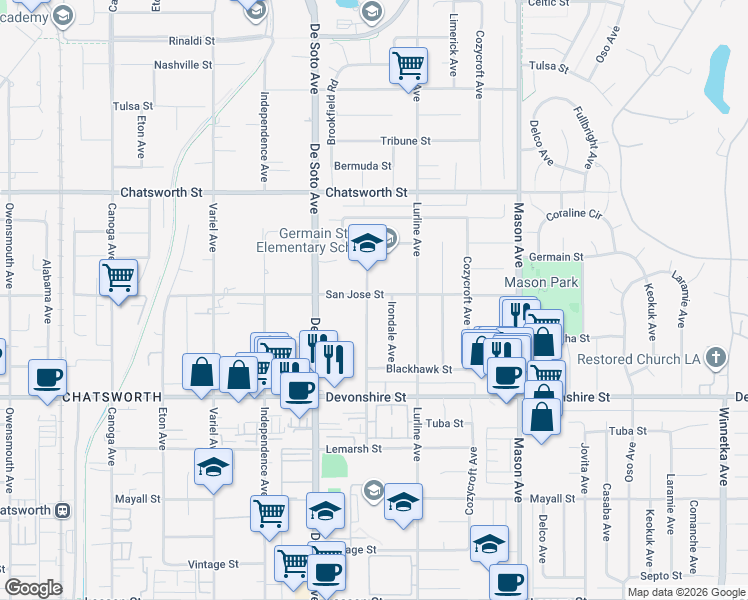 map of restaurants, bars, coffee shops, grocery stores, and more near 10431 Irondale Avenue in Los Angeles