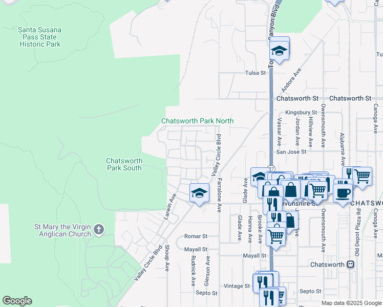 map of restaurants, bars, coffee shops, grocery stores, and more near 22133 James Alan Circle in Los Angeles