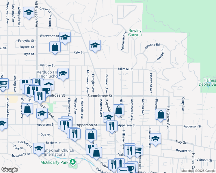 map of restaurants, bars, coffee shops, grocery stores, and more near 10540 Redmont Avenue in Los Angeles