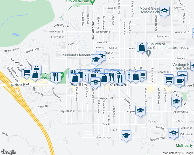 map of restaurants, bars, coffee shops, grocery stores, and more near 8363 Foothill Boulevard in Los Angeles