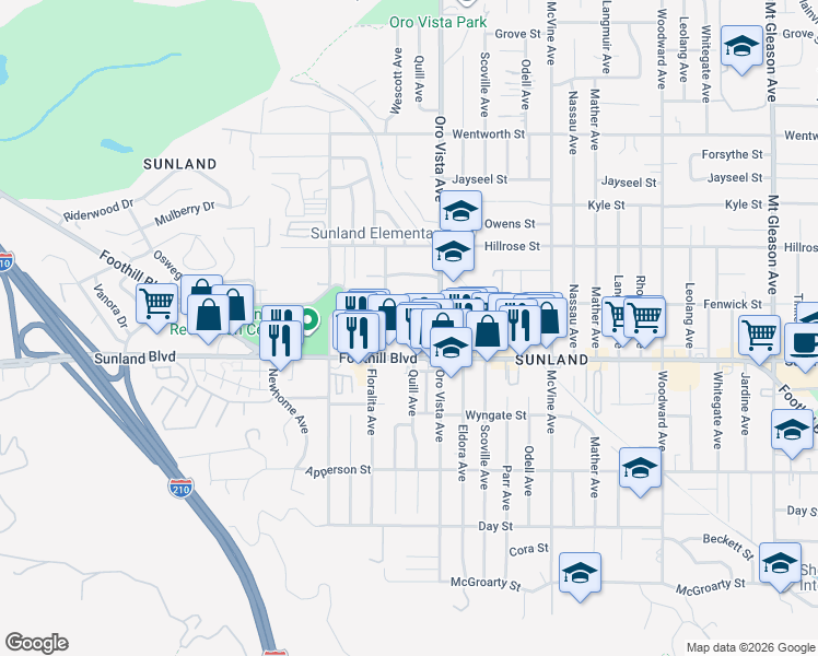 map of restaurants, bars, coffee shops, grocery stores, and more near 8435 Foothill Boulevard in Los Angeles