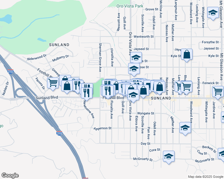 map of restaurants, bars, coffee shops, grocery stores, and more near 8505 Foothill Boulevard in Los Angeles