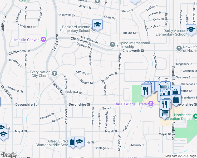 map of restaurants, bars, coffee shops, grocery stores, and more near 19017 Minnehaha Street in Los Angeles