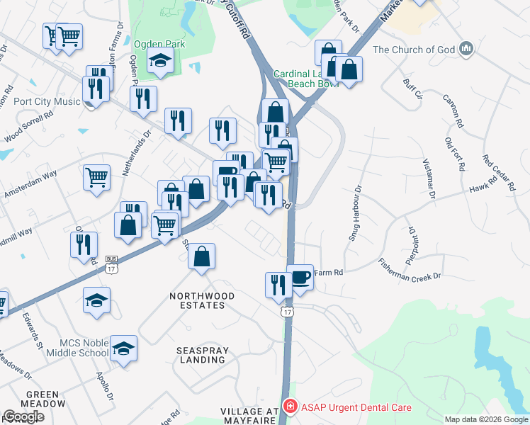 map of restaurants, bars, coffee shops, grocery stores, and more near 6840 Market St in Wilmington