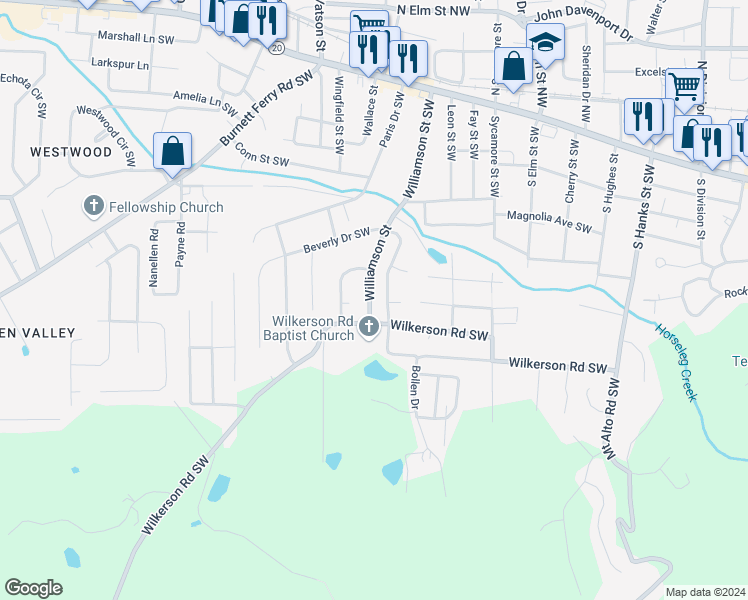 map of restaurants, bars, coffee shops, grocery stores, and more near 400 Wilkerson Road Southwest in Rome