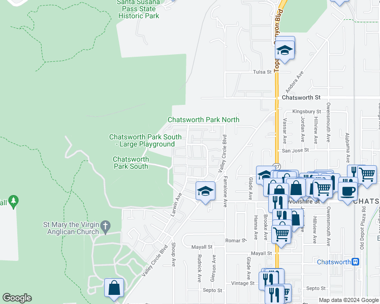 map of restaurants, bars, coffee shops, grocery stores, and more near 10458 Larwin Avenue in Los Angeles
