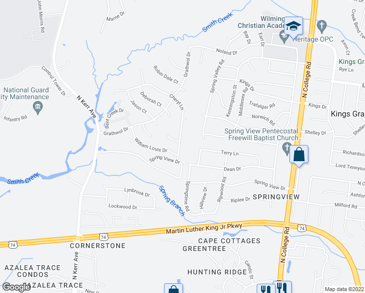 map of restaurants, bars, coffee shops, grocery stores, and more near 704 Cheryl Ln in Wilmington