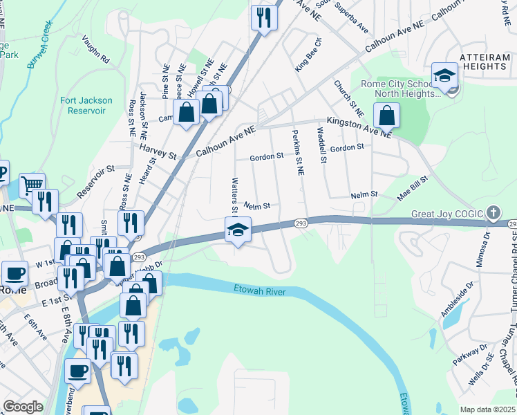 map of restaurants, bars, coffee shops, grocery stores, and more near 1401 Nelm Street in Rome