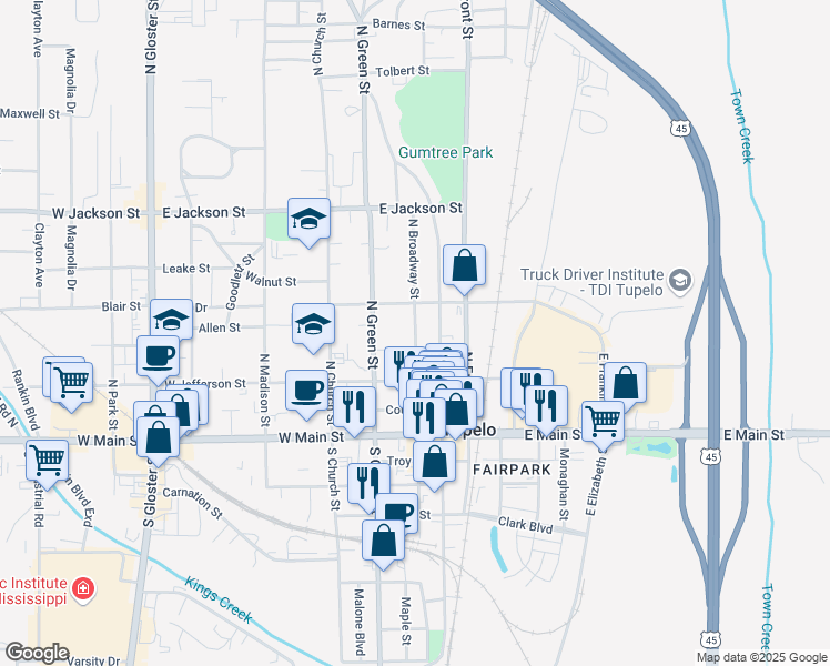 map of restaurants, bars, coffee shops, grocery stores, and more near 363 North Broadway Street in Tupelo