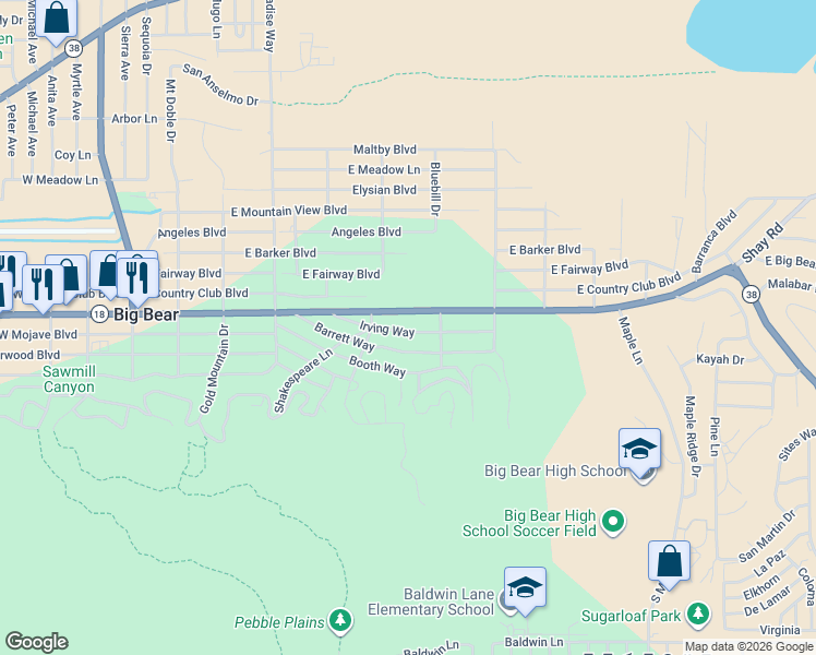 map of restaurants, bars, coffee shops, grocery stores, and more near 629 Barrett Way in Big Bear