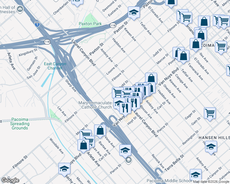 map of restaurants, bars, coffee shops, grocery stores, and more near 13809 Mercer Street in Los Angeles