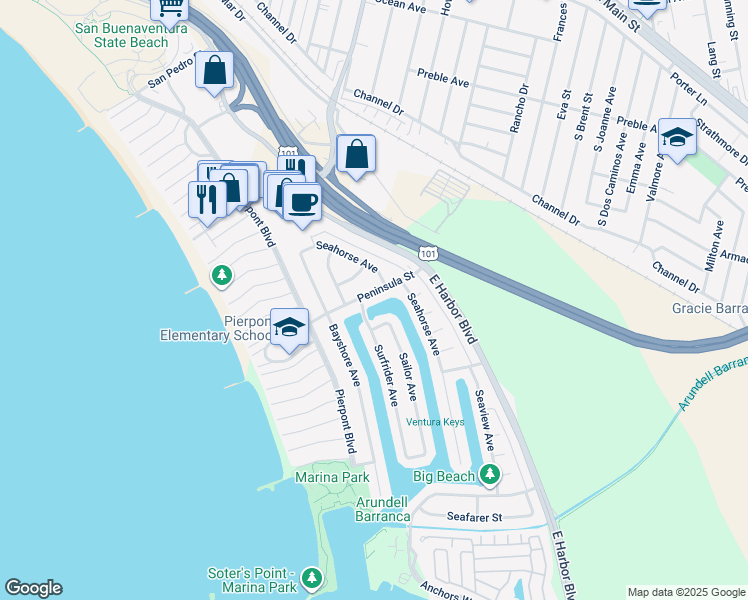 map of restaurants, bars, coffee shops, grocery stores, and more near 1016 Peninsula Street in Ventura