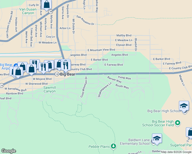 map of restaurants, bars, coffee shops, grocery stores, and more near 337 East Mojave Boulevard in Big Bear