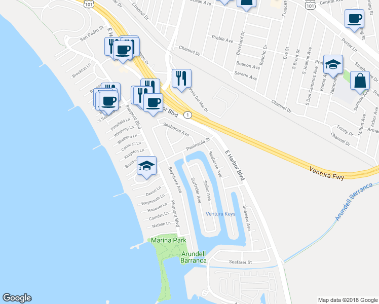 map of restaurants, bars, coffee shops, grocery stores, and more near 1016 Peninsula Street in Ventura