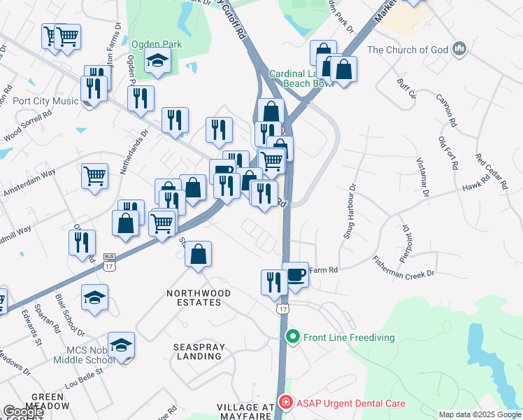 map of restaurants, bars, coffee shops, grocery stores, and more near 6840 Market Street in Wilmington