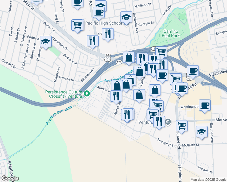 map of restaurants, bars, coffee shops, grocery stores, and more near 3804 Market St in Ventura