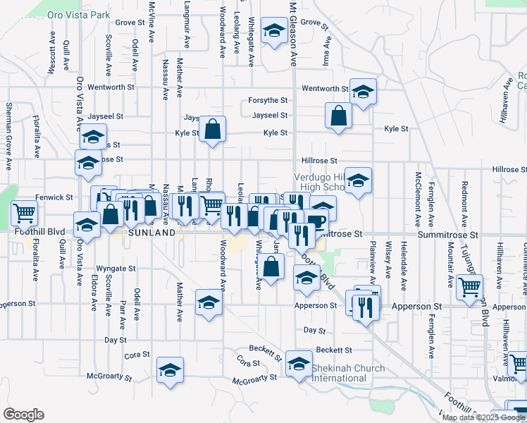 map of restaurants, bars, coffee shops, grocery stores, and more near 10514 Whitegate Avenue in Los Angeles