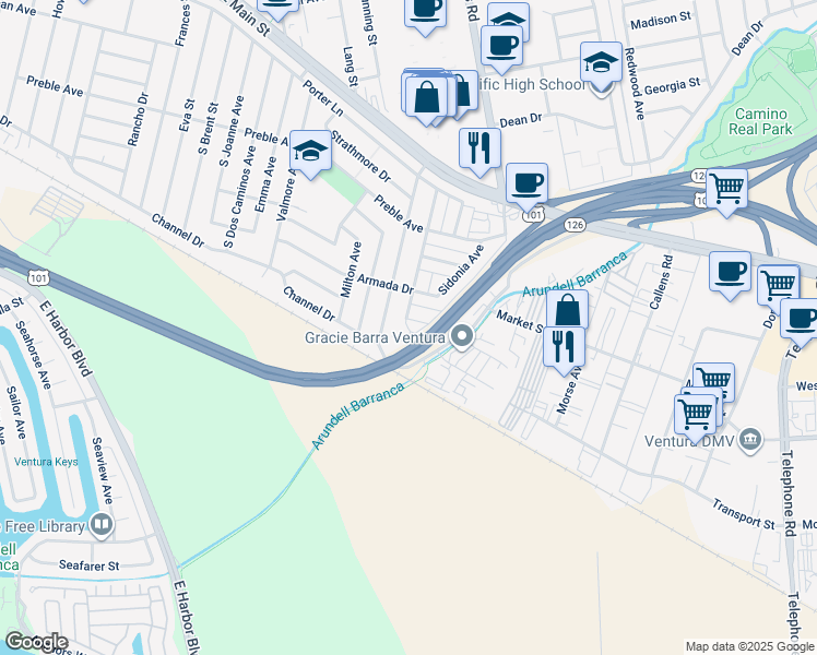 map of restaurants, bars, coffee shops, grocery stores, and more near 899 Empire Avenue in Ventura