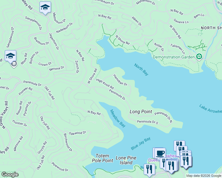 map of restaurants, bars, coffee shops, grocery stores, and more near 27685 High Knoll Road in Lake Arrowhead