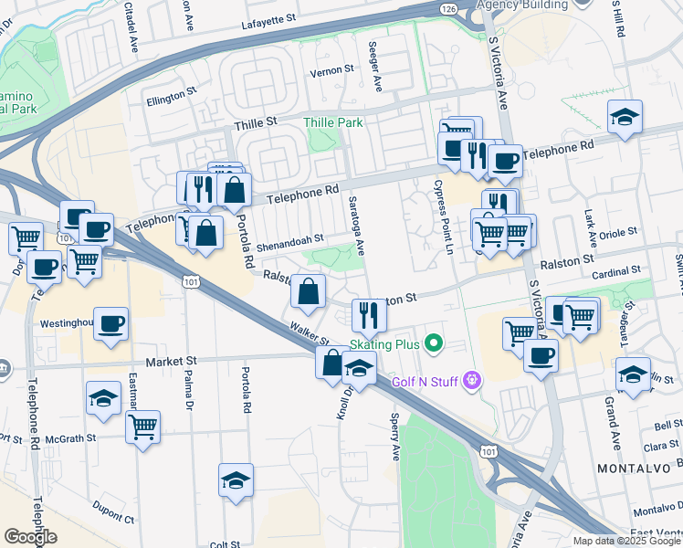 map of restaurants, bars, coffee shops, grocery stores, and more near 5251 Teton Lane in Ventura