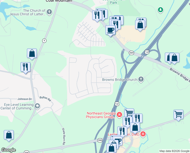 map of restaurants, bars, coffee shops, grocery stores, and more near 5045 Rialto Way in Cumming