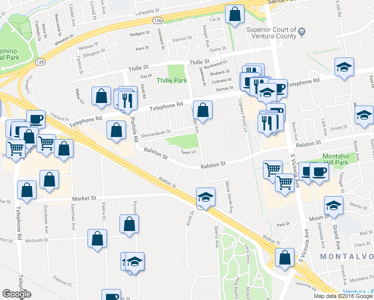 map of restaurants, bars, coffee shops, grocery stores, and more near 5251 Teton Lane in Ventura