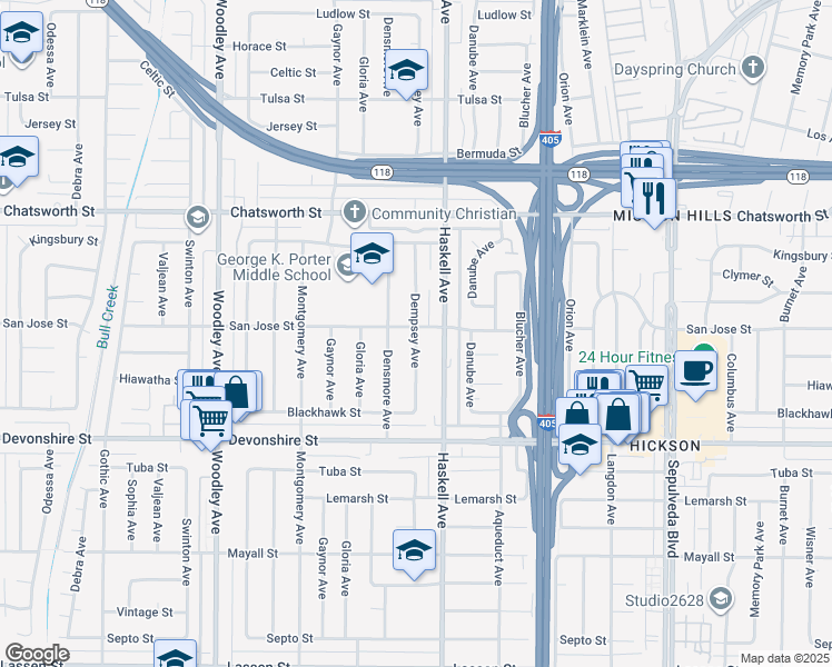 map of restaurants, bars, coffee shops, grocery stores, and more near 10454 Dempsey Avenue in Los Angeles