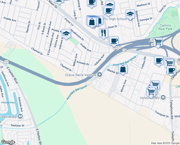 map of restaurants, bars, coffee shops, grocery stores, and more near 829 Empire Avenue in Ventura