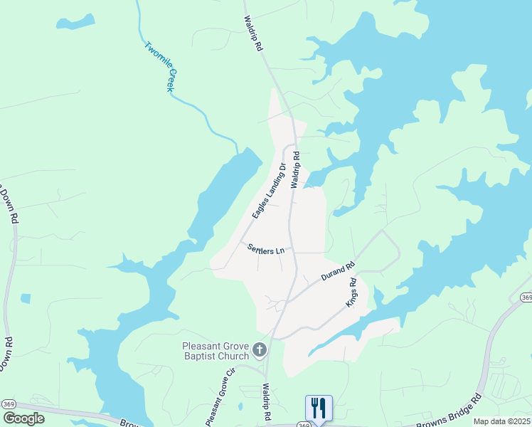 map of restaurants, bars, coffee shops, grocery stores, and more near 9505 Eagles Landing Drive in Gainesville
