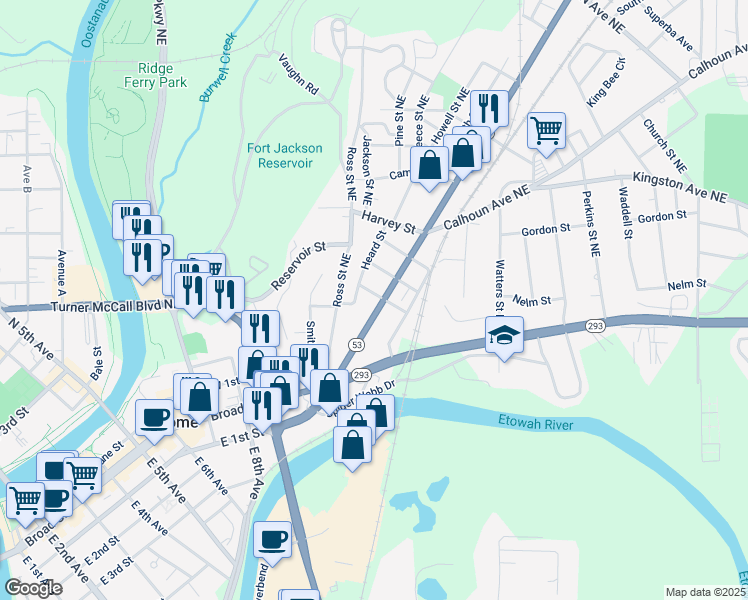 map of restaurants, bars, coffee shops, grocery stores, and more near 13 Heard Street in Rome