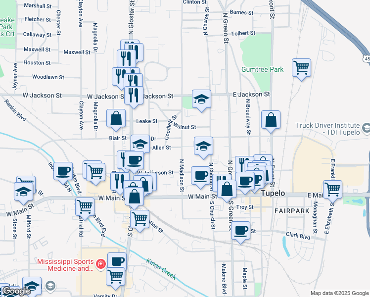 map of restaurants, bars, coffee shops, grocery stores, and more near 409 North Madison Street in Tupelo
