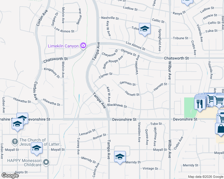 map of restaurants, bars, coffee shops, grocery stores, and more near 19201 Harnett Street in Los Angeles