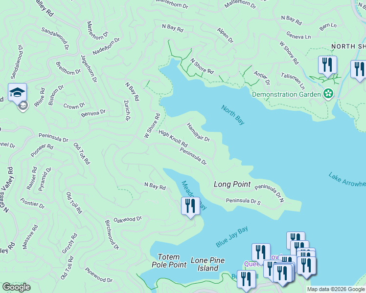map of restaurants, bars, coffee shops, grocery stores, and more near 27685 High Knoll Road in Lake Arrowhead