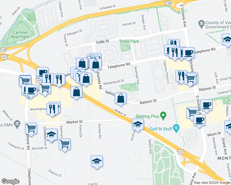 map of restaurants, bars, coffee shops, grocery stores, and more near 1407 Vicksburg Lane in Ventura