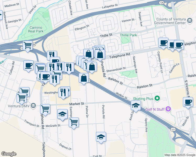 map of restaurants, bars, coffee shops, grocery stores, and more near 4950 Telephone Road in Ventura