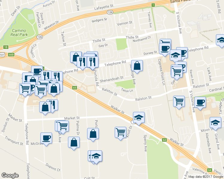 map of restaurants, bars, coffee shops, grocery stores, and more near 1407 Vicksburg Lane in Ventura