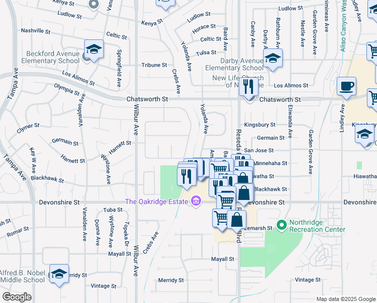 map of restaurants, bars, coffee shops, grocery stores, and more near 18621 Hillsboro Road in Los Angeles