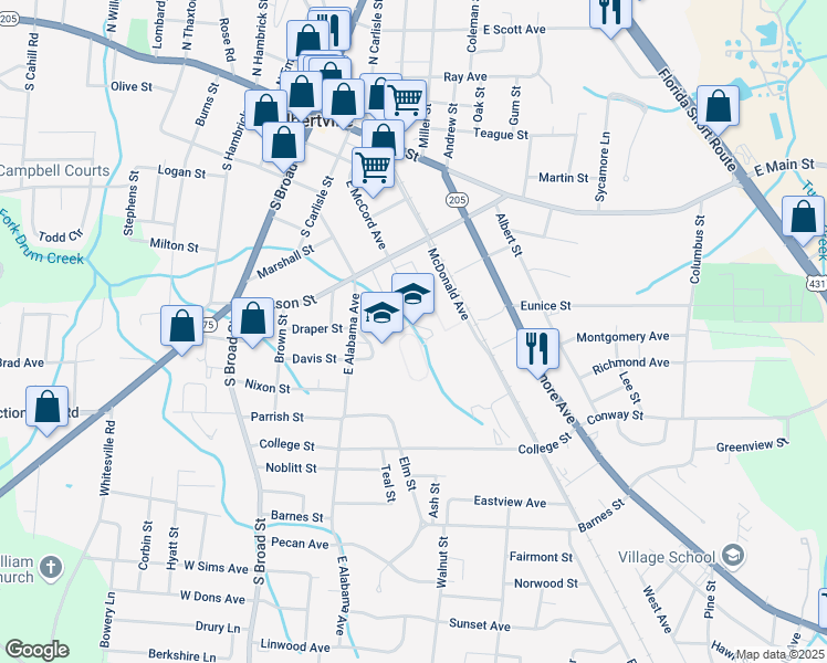 map of restaurants, bars, coffee shops, grocery stores, and more near 402 East McCord Avenue in Albertville