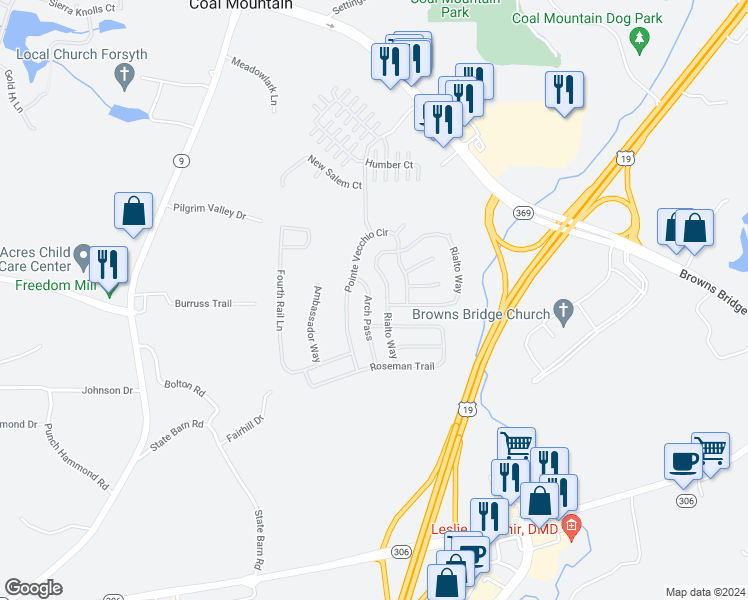 map of restaurants, bars, coffee shops, grocery stores, and more near 4085 Arch Pass in Cumming